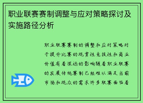 职业联赛赛制调整与应对策略探讨及实施路径分析